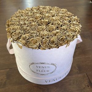 Venus et fleur Large round floral blush suede box with gold roses